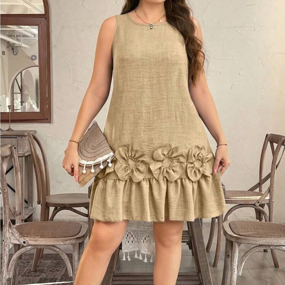 Elegant Tan Sleeveless Dress with Floral Accents